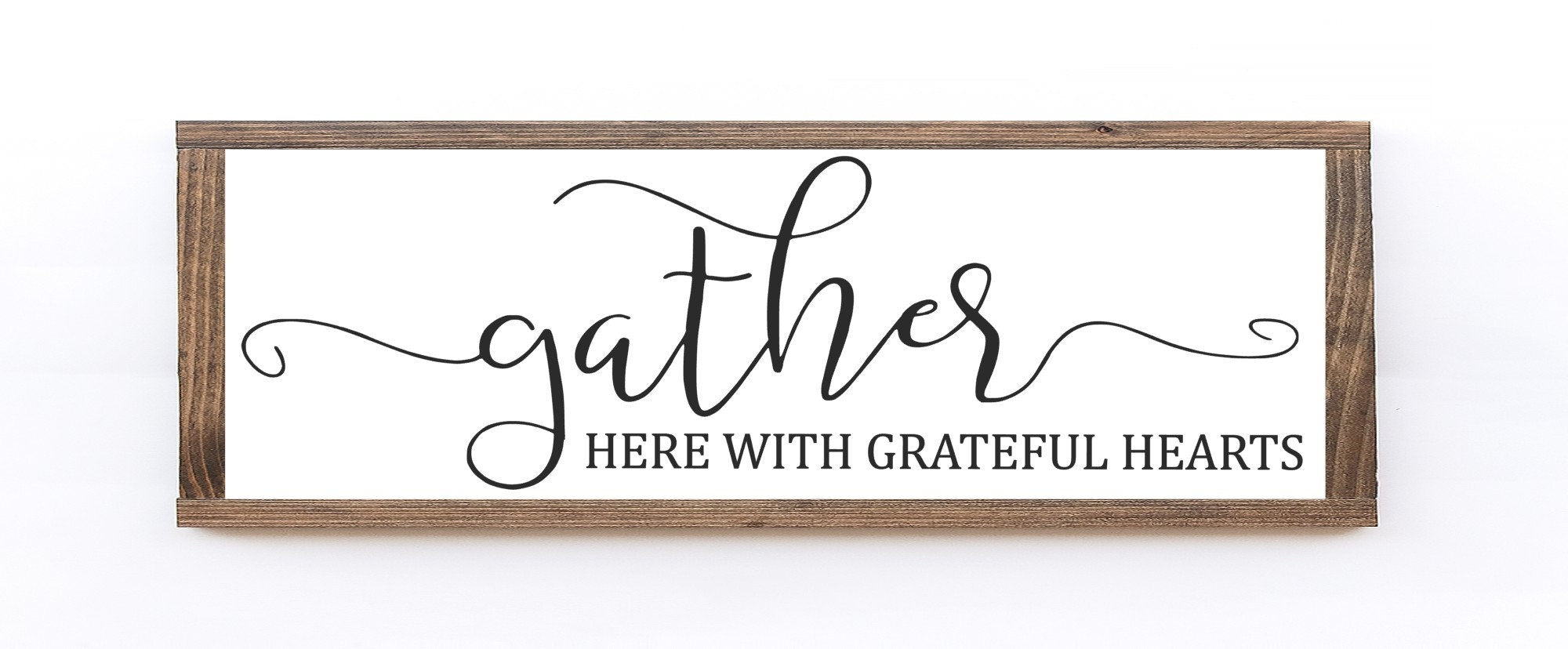 Gather Here With Grateful Hearts Wood Sign in matte white finish, showcasing unique wood grain and knots.