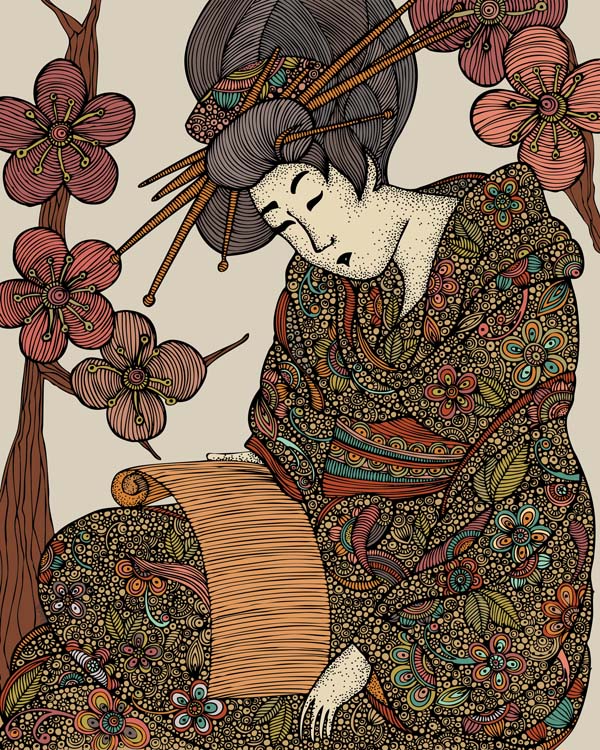 A beautifully detailed archival art print of a Geisha, showcasing vibrant colors and intricate pen and ink details on matte cardstock.