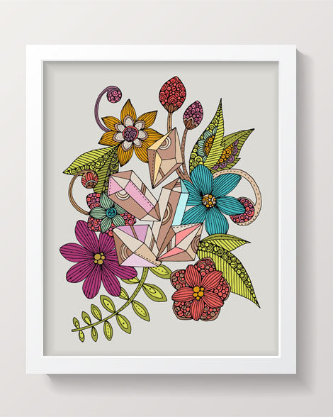 Archival art print featuring colorful gems and flowers, original pen and ink design with digital coloring, 8x10 inches on matte card stock.