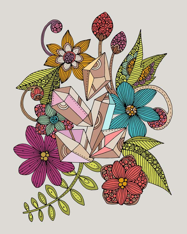 Archival art print featuring colorful gems and flowers, original pen and ink design with digital coloring, 8x10 inches on matte card stock.