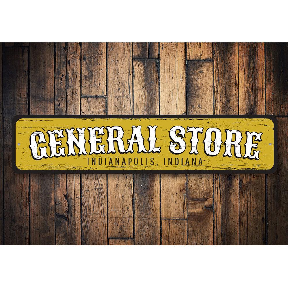A customizable aluminum General Store Location Sign, showcasing vibrant colors and pre-drilled holes for easy mounting, perfect for businesses.