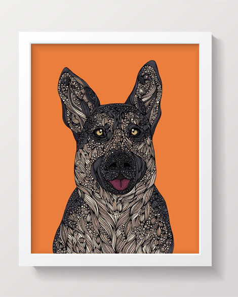A vibrant German Shepherd art print on 8x10 photographic paper, showcasing the breed's beauty and detail.