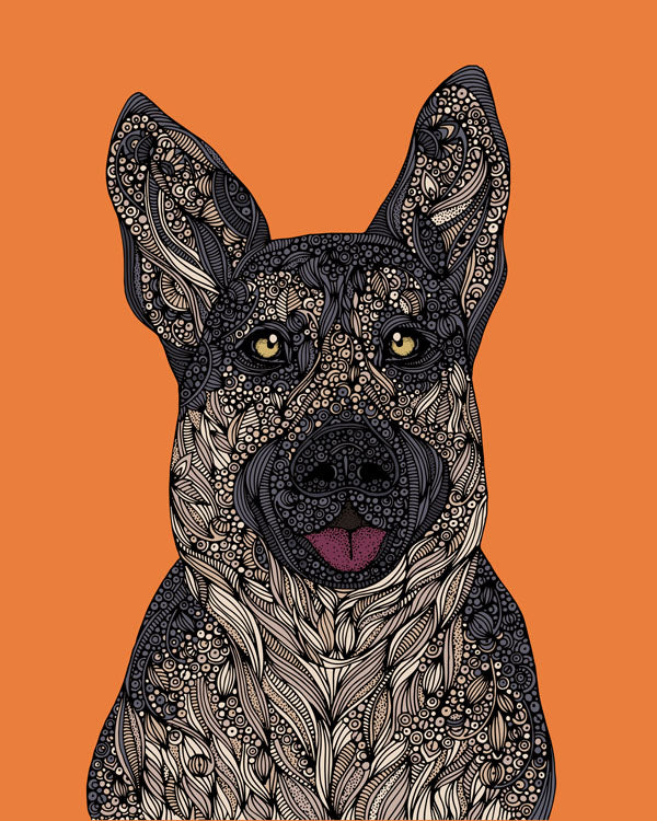 A vibrant German Shepherd art print on 8x10 photographic paper, showcasing the breed's beauty and detail.