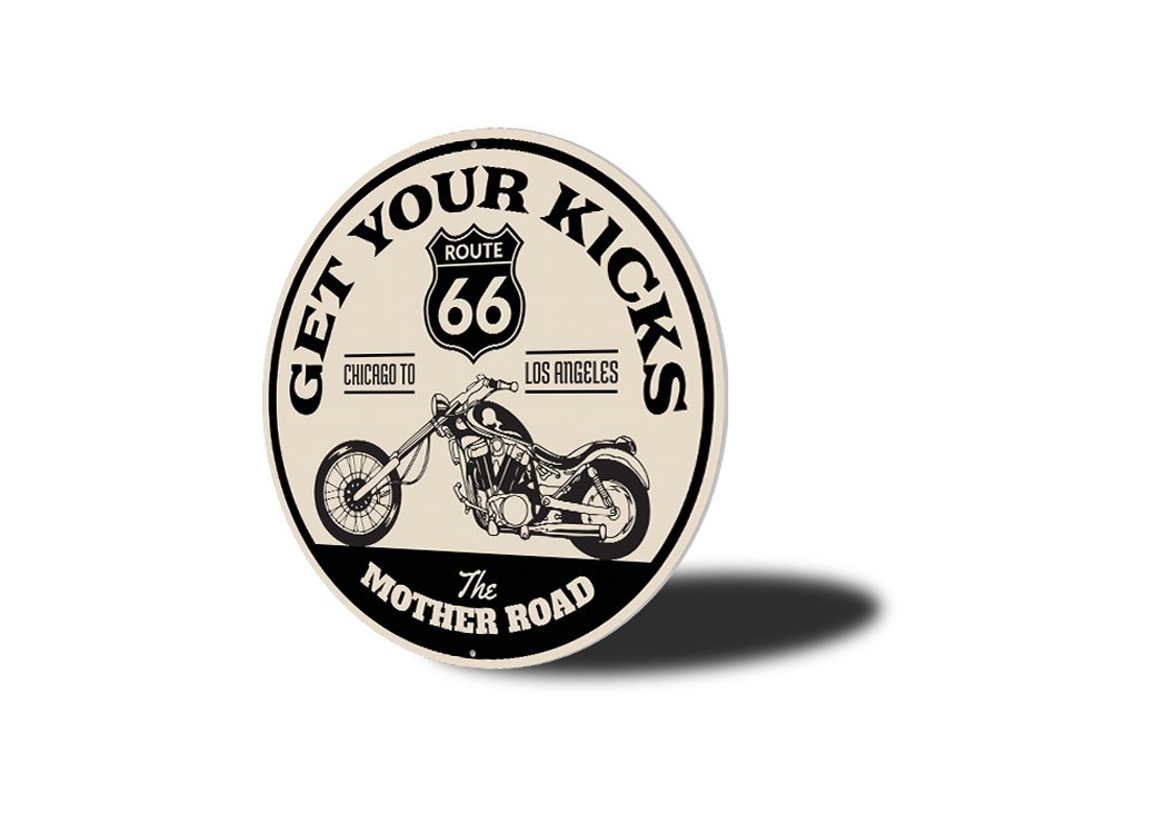 Get Your Kicks The Mother Road Route 66 Sign made of high-quality aluminum, featuring vibrant colors and a nostalgic design, perfect for home decor.