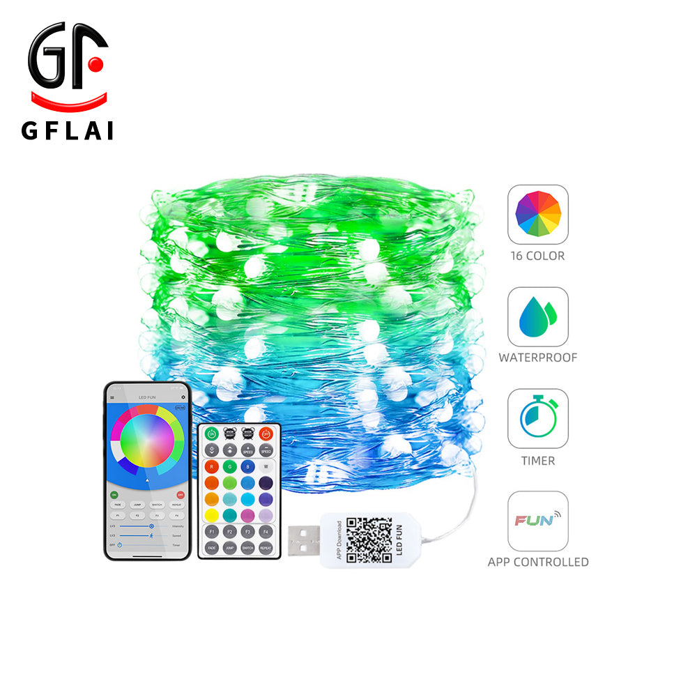 GFLAI Factory Wholesale 4 Wire USB Plug App Controlled LED Fairy String Lights, showcasing vibrant RGB colors and flexible copper wire design.
