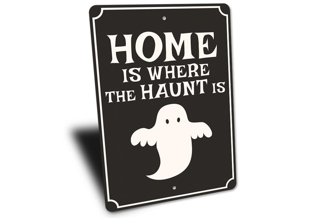 A spooky Ghost Home Sign made of high-quality aluminum, featuring a ghostly design perfect for Halloween decorations.