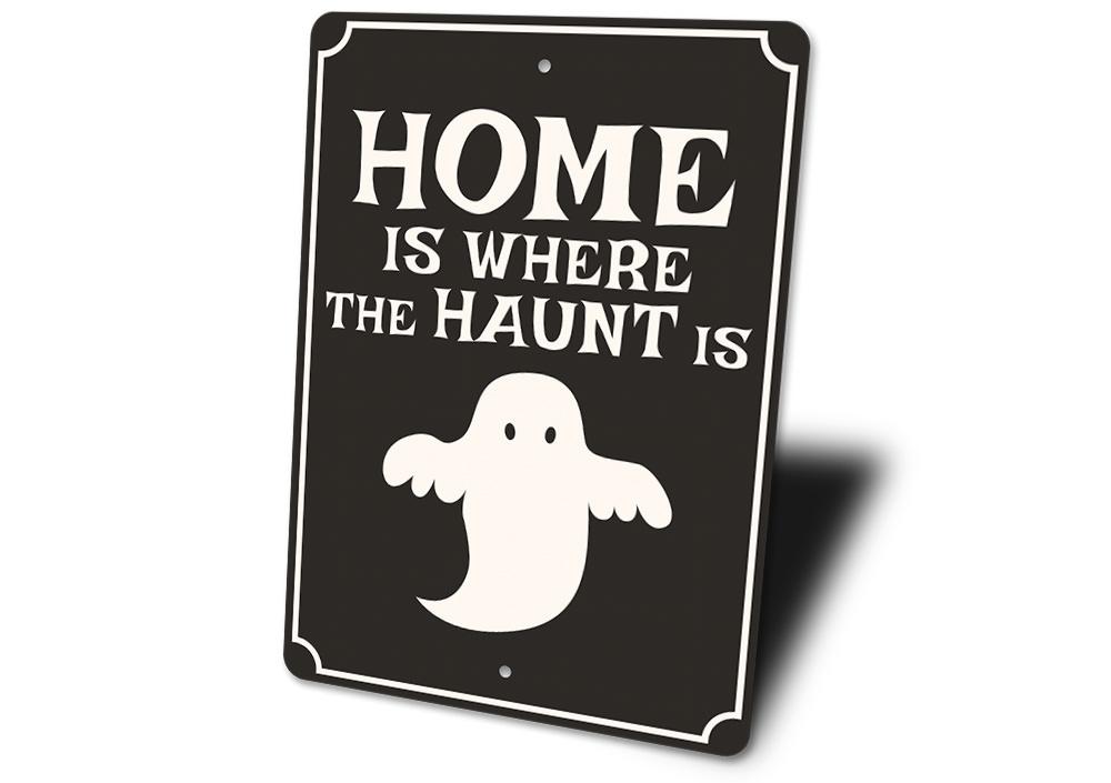 A spooky Ghost Home Sign made of high-quality aluminum, featuring a ghostly design perfect for Halloween decorations.