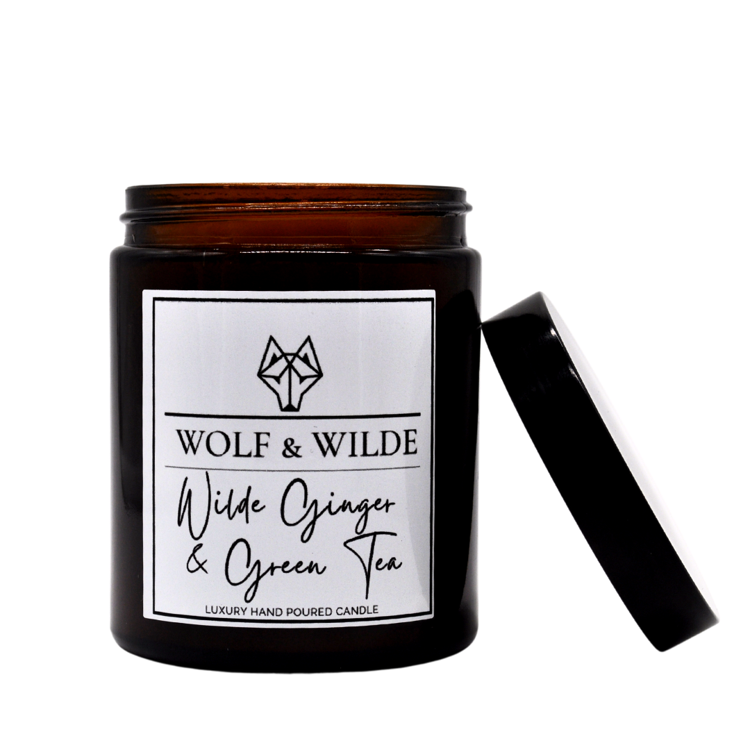 Ginger & Green Tea Luxury Aromatherapy Handmade Scented Candle with a clean design, showcasing its natural ingredients and elegant packaging.