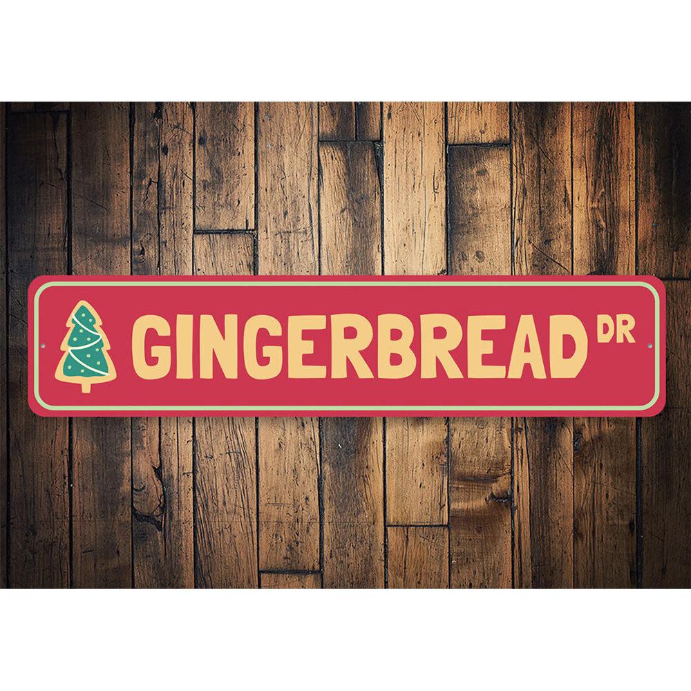 Gingerbread Drive Holiday Sign featuring festive design, made from high-quality aluminum, perfect for Christmas decorations.