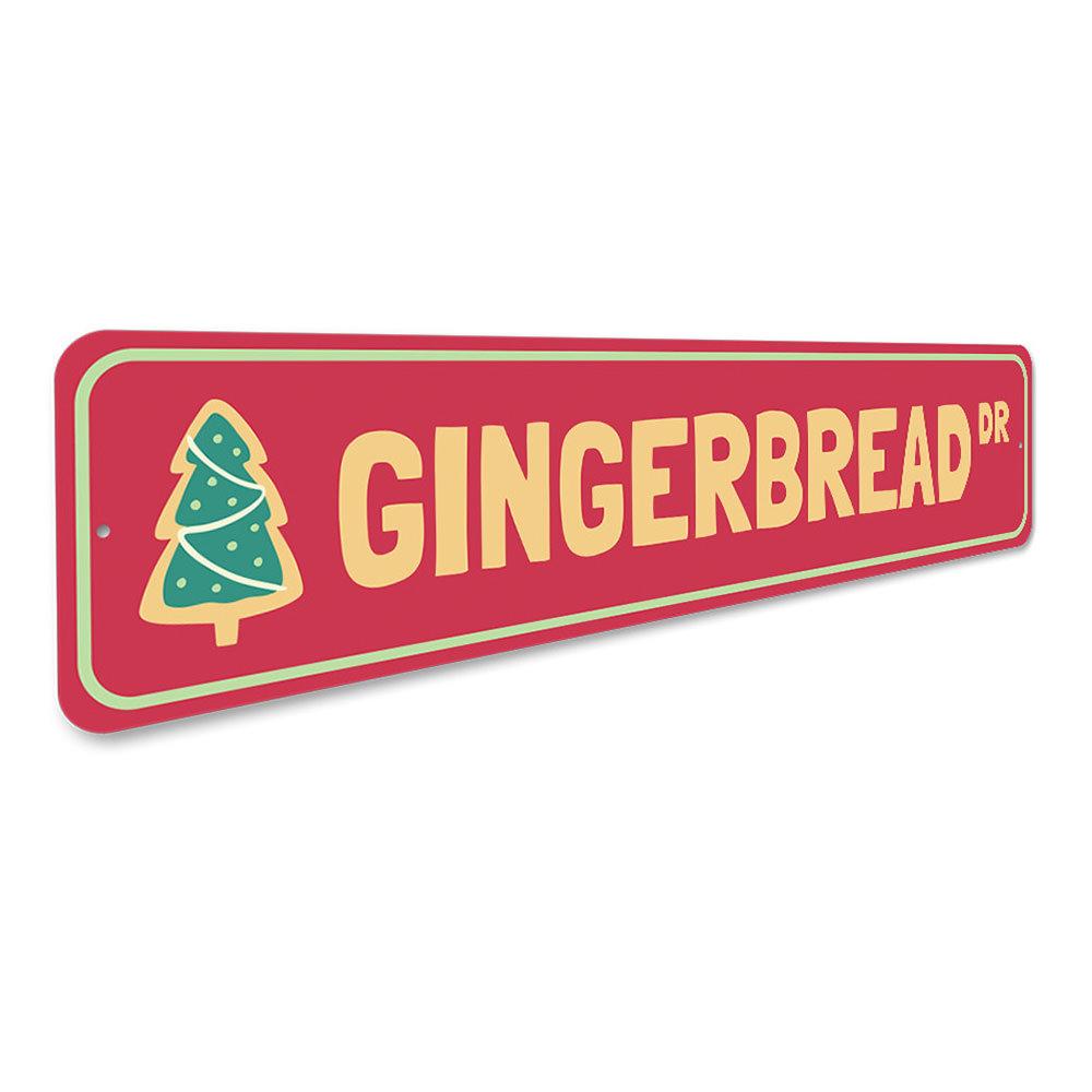 Gingerbread Drive Holiday Sign featuring festive design, made from high-quality aluminum, perfect for Christmas decorations.