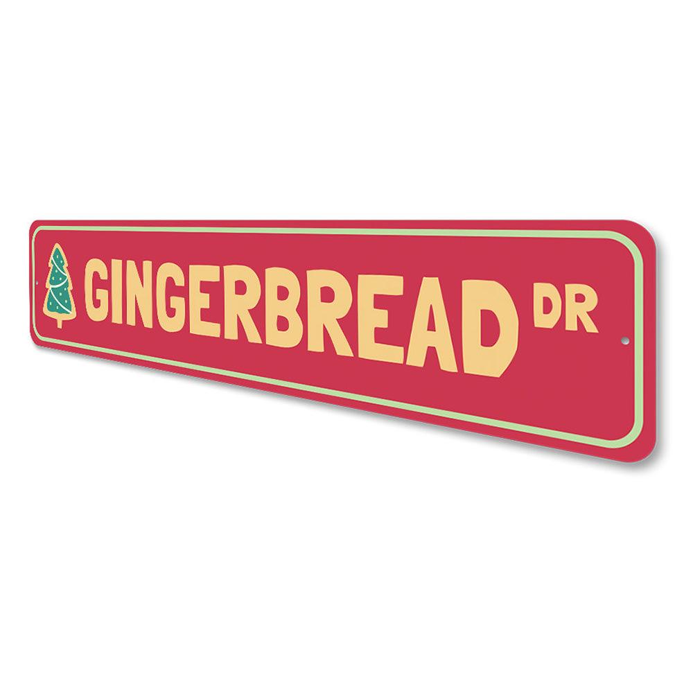 Gingerbread Drive Holiday Sign featuring festive design, made from high-quality aluminum, perfect for Christmas decorations.
