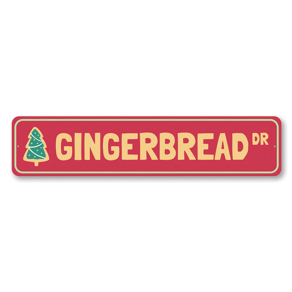Gingerbread Drive Holiday Sign featuring festive design, made from high-quality aluminum, perfect for Christmas decorations.