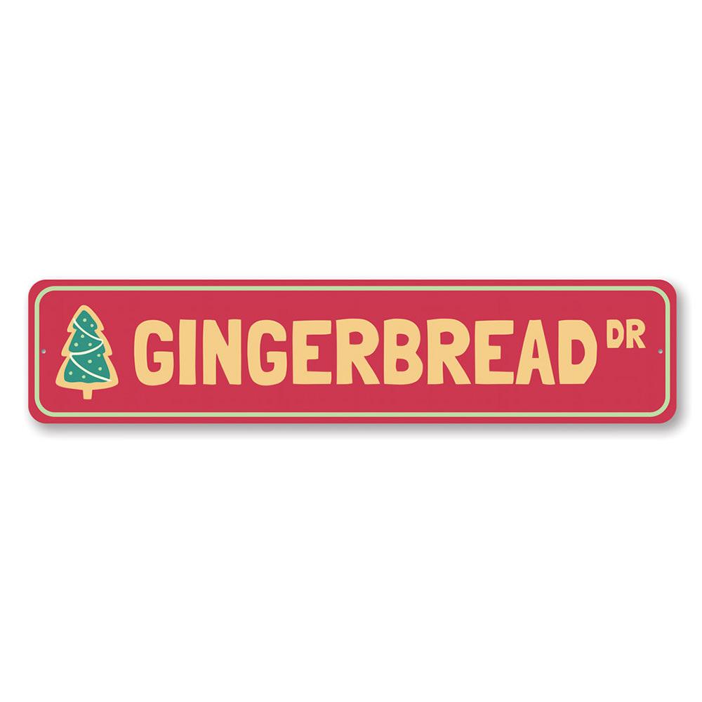 Gingerbread Drive Holiday Sign featuring festive design, made from high-quality aluminum, perfect for Christmas decorations.