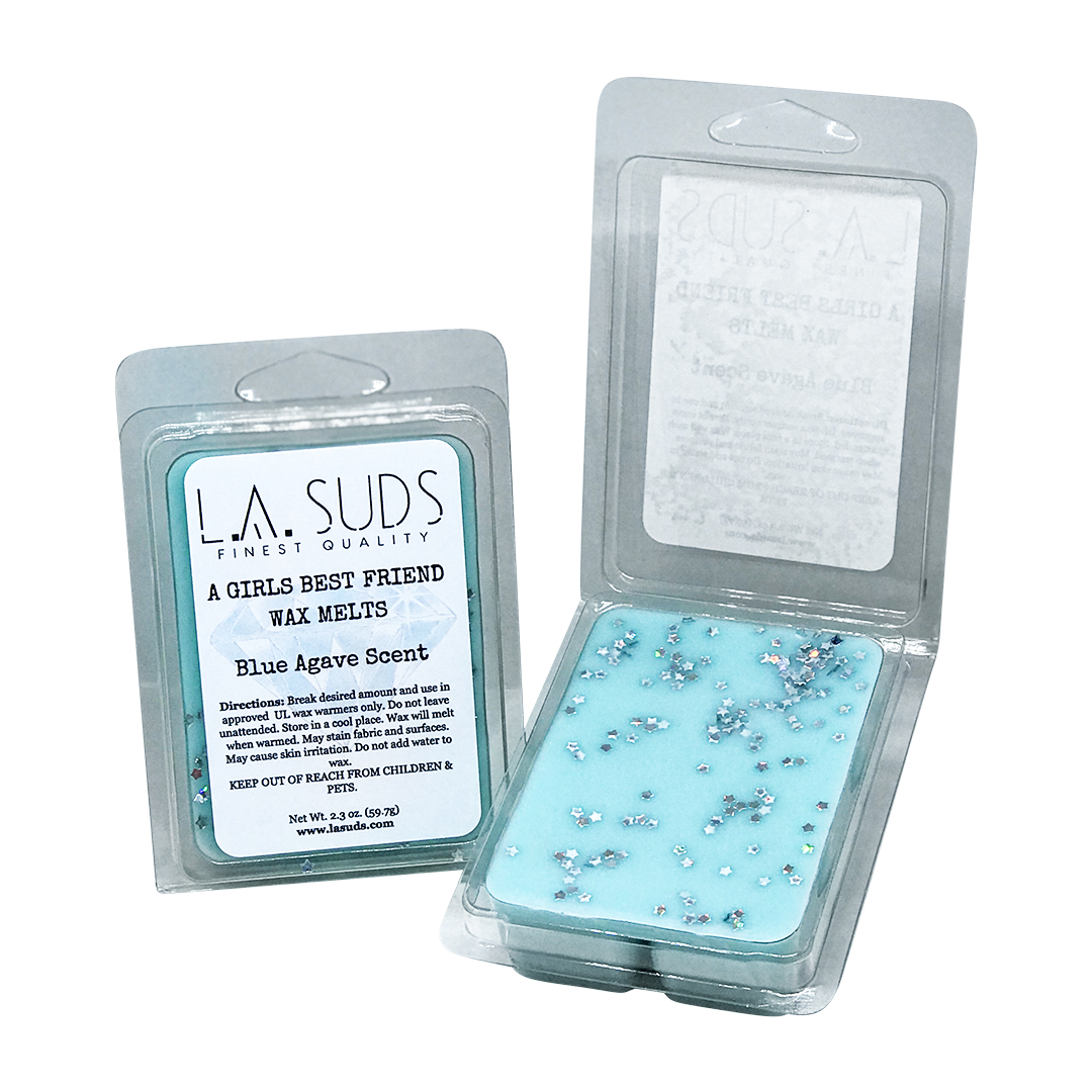 Girls Best Friend Glam Wax Melts in Tiffany Blue color with holographic silver glitter, showcasing their elegant design and eco-friendly soy wax blend.
