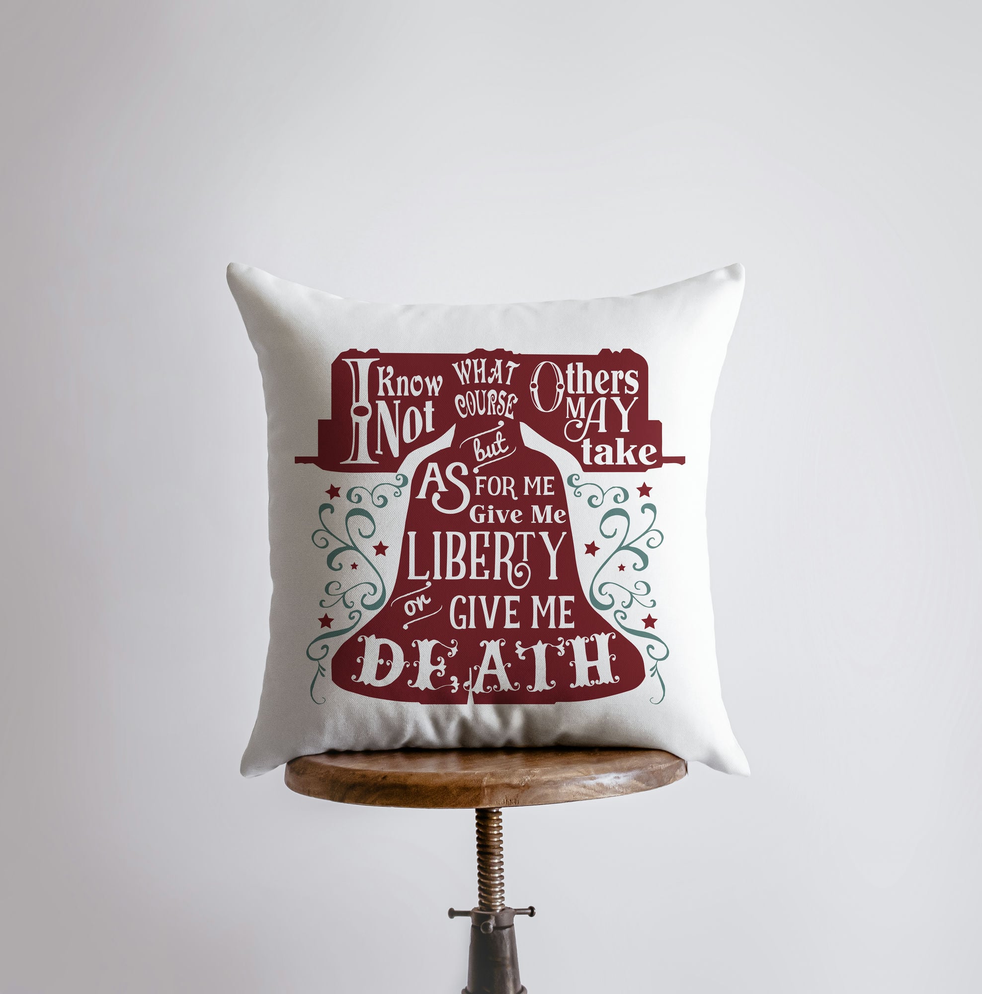 Handmade America throw pillow featuring the quote 'Give me liberty or give me death' on a cotton/polyester blend fabric, available in various sizes.