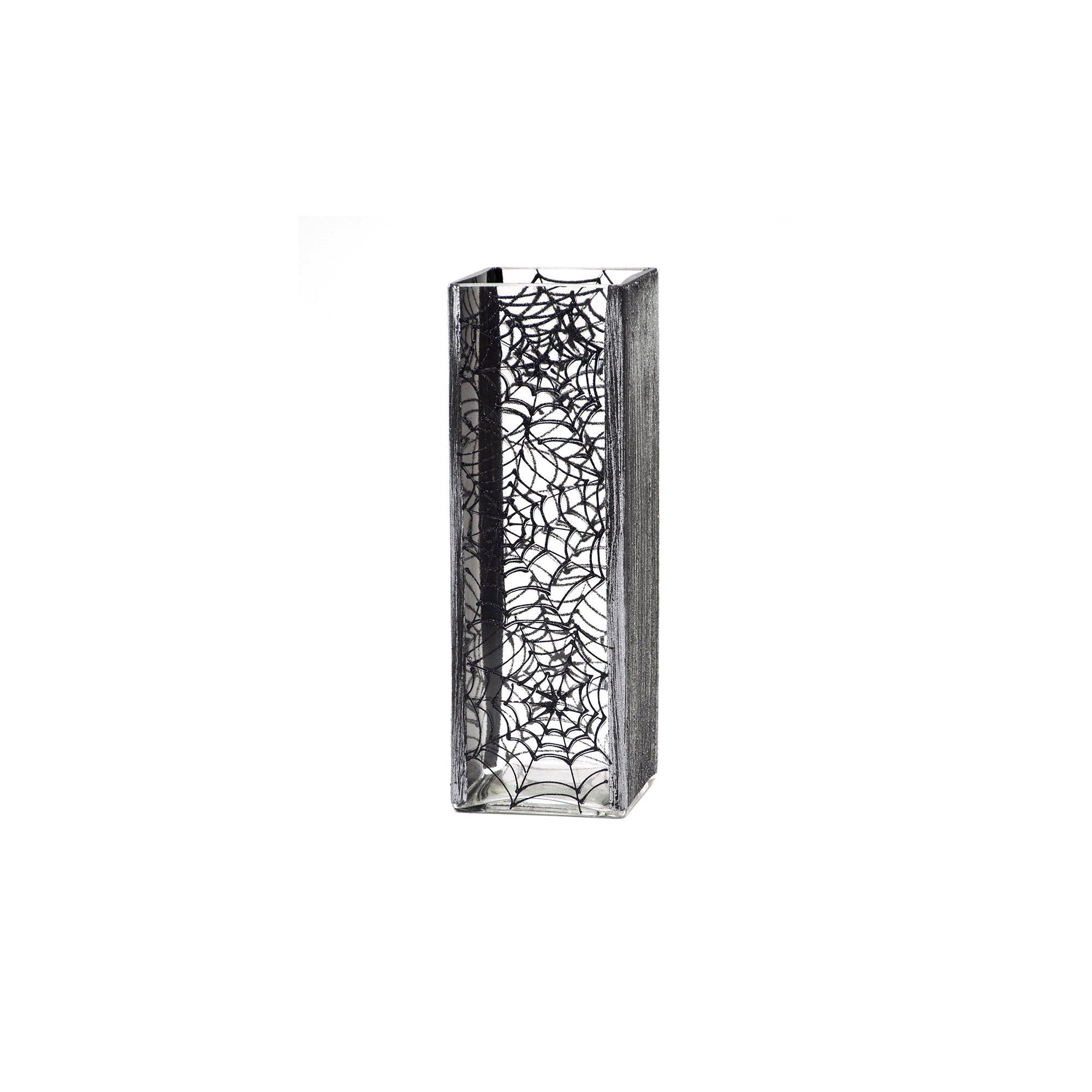 A beautifully hand-painted square glass vase featuring intricate nature-inspired designs, perfect for floral arrangements.