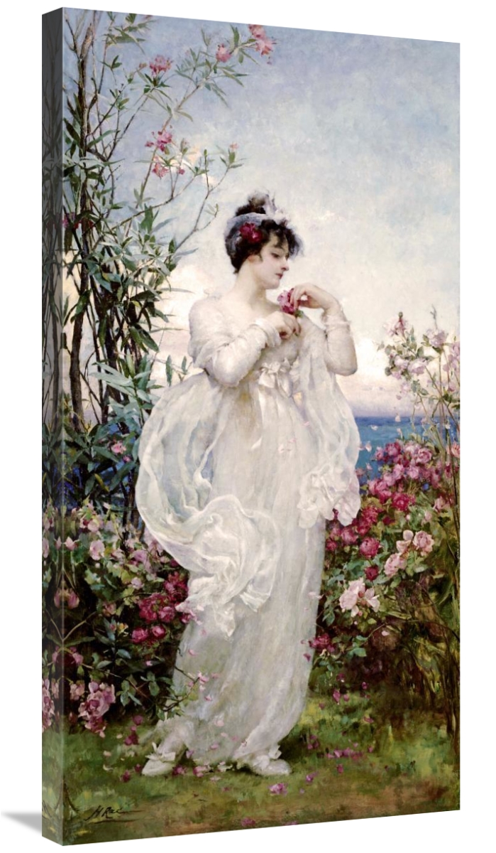 Woman in white, flower garden.
