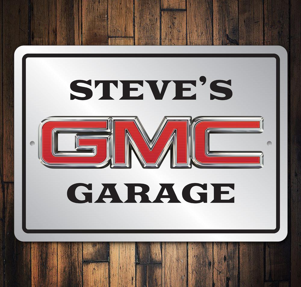 Custom GMC sign made of high-quality aluminum, featuring personalized text options, ideal for garages and man caves.