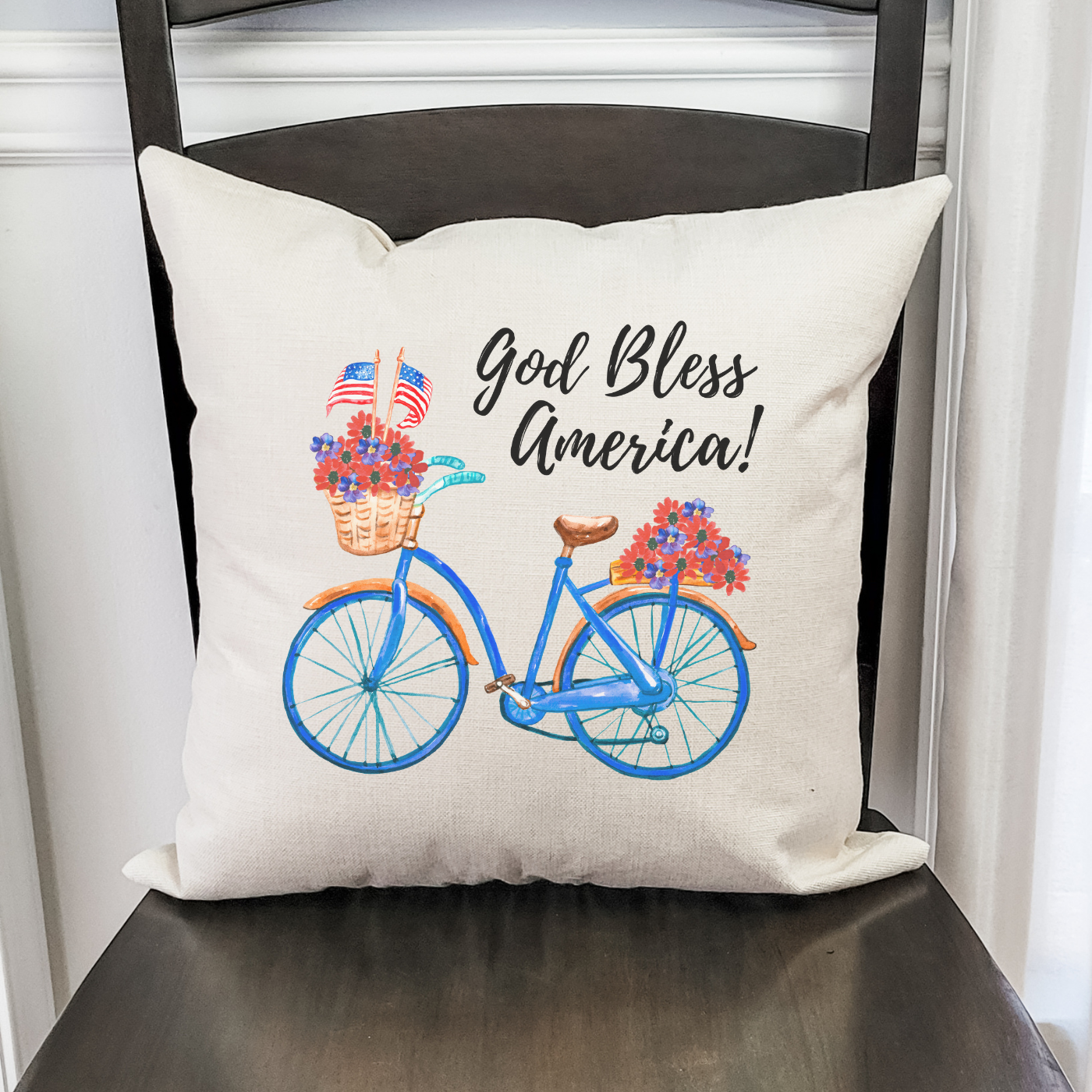 God Bless America Pillow Cover featuring a patriotic design on soft beige linen fabric with a hidden zipper.