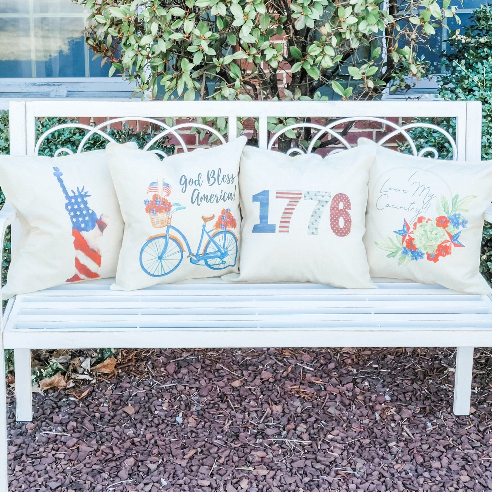 God Bless America Pillow Cover featuring a patriotic design on soft beige linen fabric with a hidden zipper.