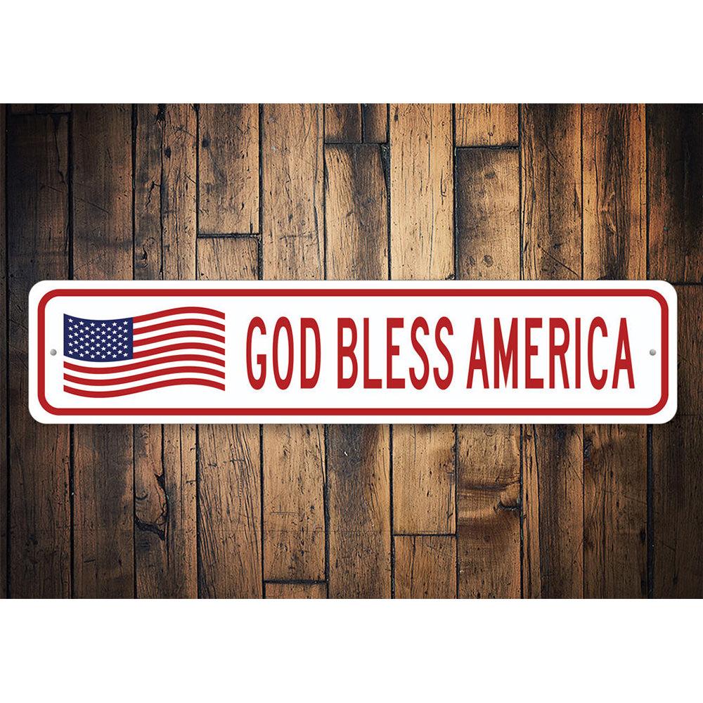 God Bless America US American Flag Sign made of durable aluminum, featuring vibrant colors and pre-drilled holes for easy mounting.