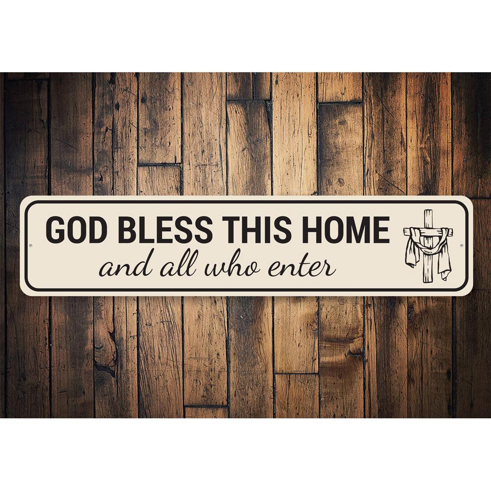 A decorative God Bless This Home Sign made of high-quality aluminum, featuring elegant lettering and a charming design, perfect for home decor.