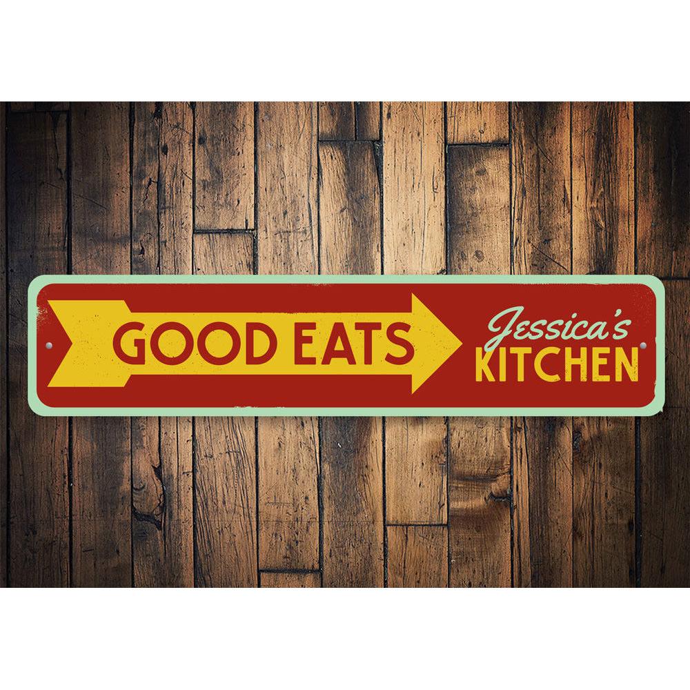 Customizable Good Eats sign made of high-quality aluminum, perfect for restaurants and cafes, featuring pre-drilled holes for easy mounting.