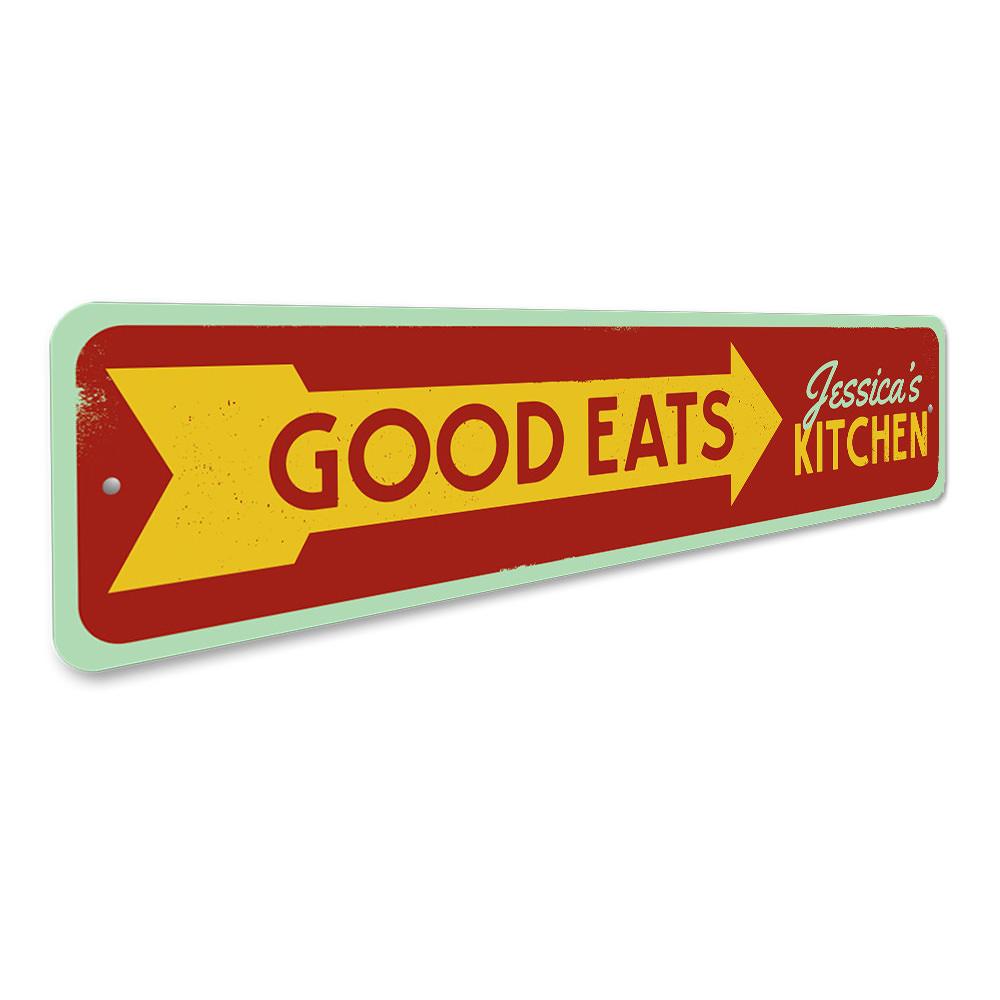 Customizable Good Eats sign made of high-quality aluminum, perfect for restaurants and cafes, featuring pre-drilled holes for easy mounting.