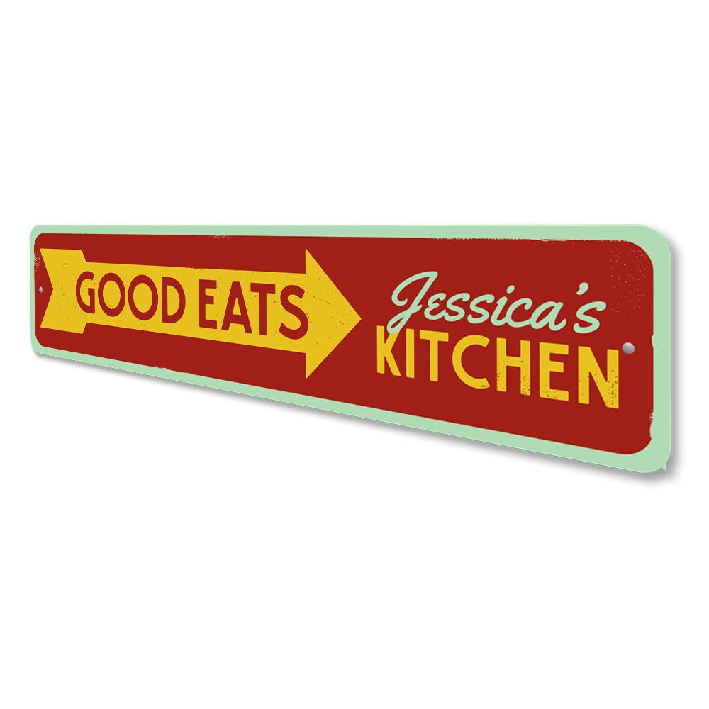 Customizable Good Eats sign made of high-quality aluminum, perfect for restaurants and cafes, featuring pre-drilled holes for easy mounting.