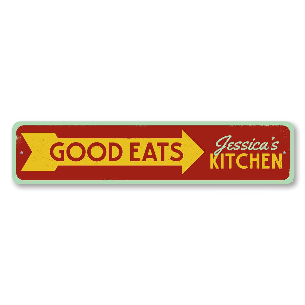 Customizable Good Eats sign made of high-quality aluminum, perfect for restaurants and cafes, featuring pre-drilled holes for easy mounting.