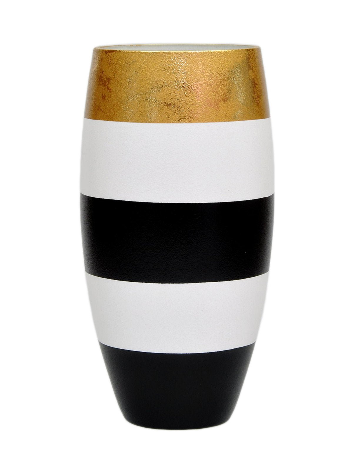 A beautifully hand-painted glass vase in gold, black, and white, showcasing intricate designs perfect for floral arrangements.