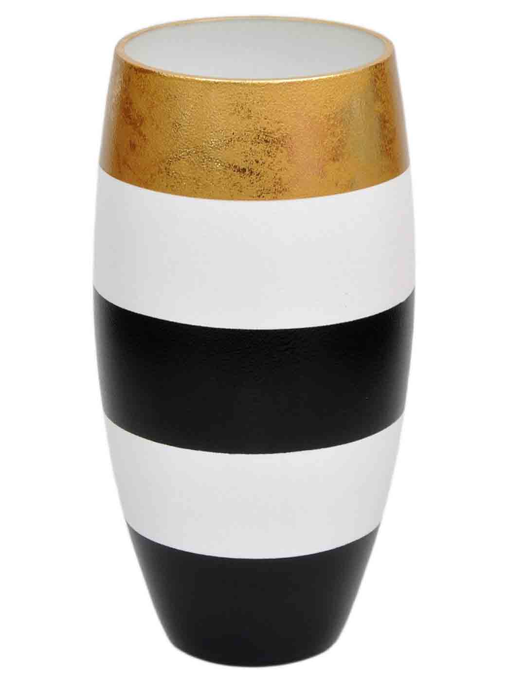 A beautifully hand-painted glass vase in gold, black, and white, showcasing intricate designs perfect for floral arrangements.