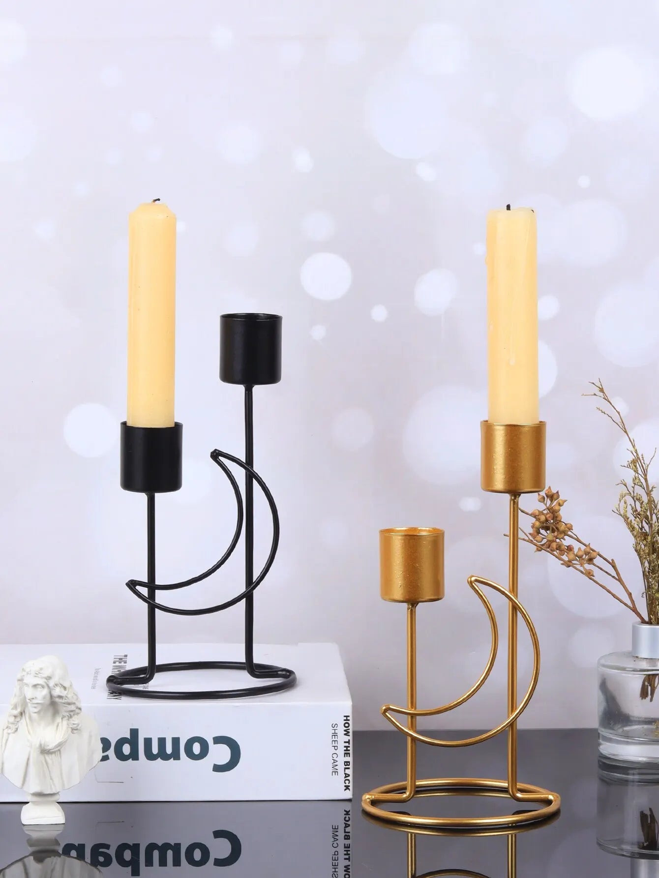 Elegant gold candlestick holder with two arms, crafted from high-quality metal, perfect for modern and traditional decor.