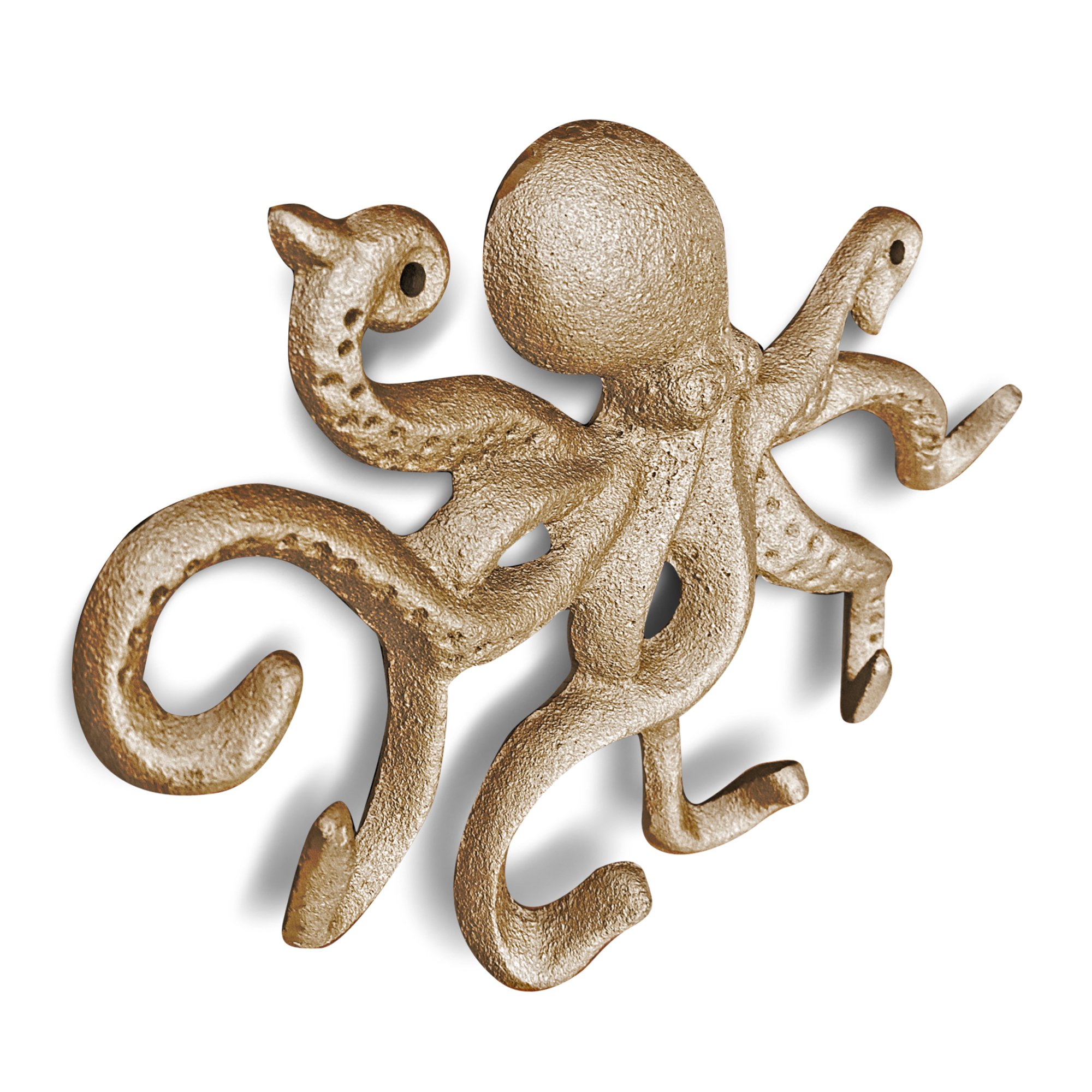 Gold Cast Iron Octopus Wall Hook, intricately designed with a nautical theme, perfect for hanging keys and leashes.