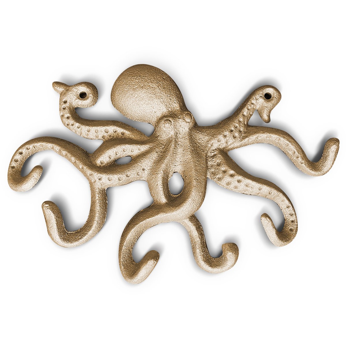 Gold Cast Iron Octopus Wall Hook, intricately designed with a nautical theme, perfect for hanging keys and leashes.