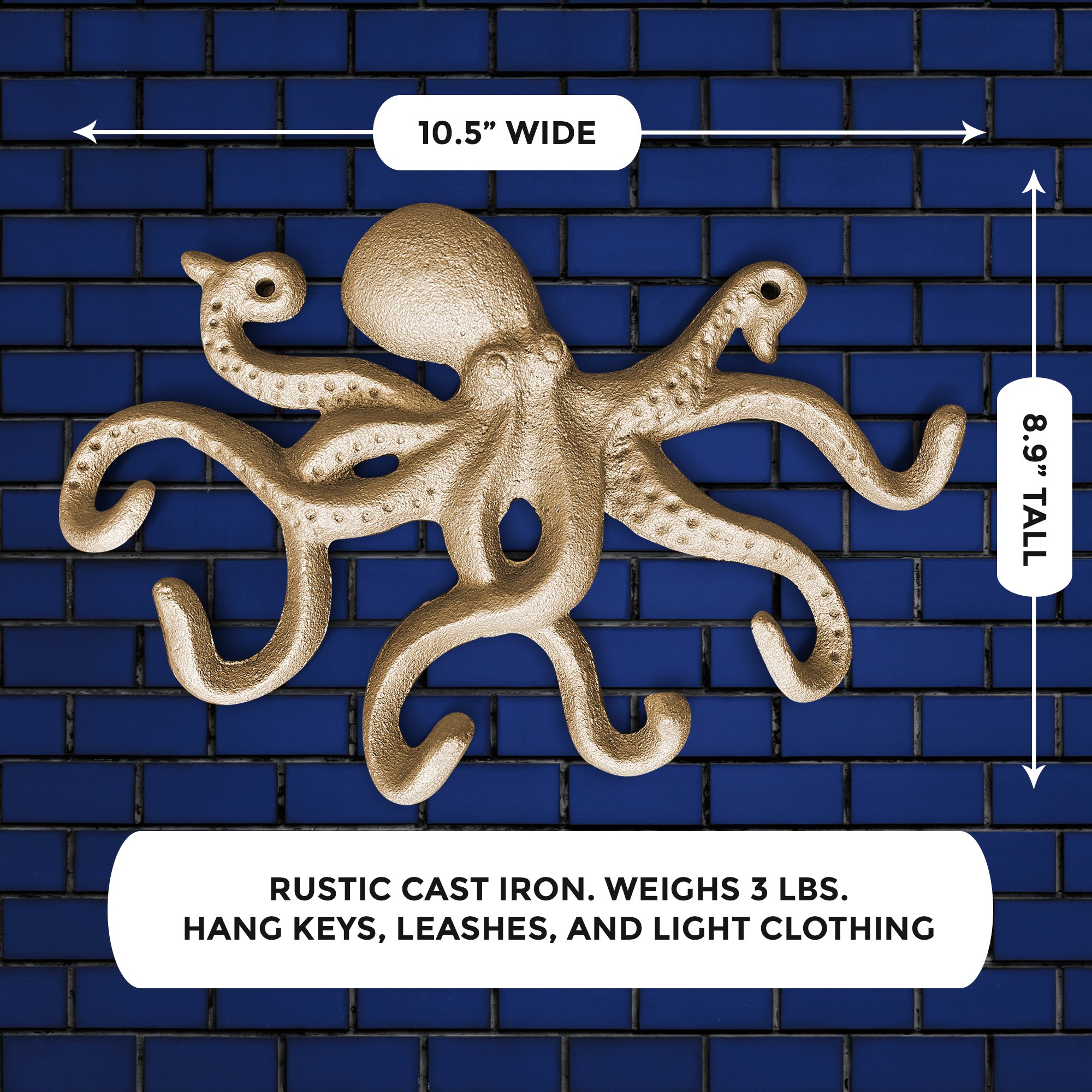 Gold Cast Iron Octopus Wall Hook, intricately designed with a nautical theme, perfect for hanging keys and leashes.