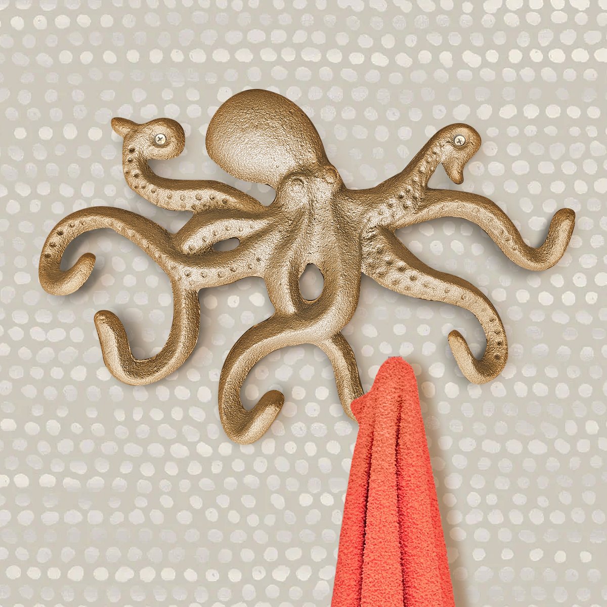 Gold Cast Iron Octopus Wall Hook, intricately designed with a nautical theme, perfect for hanging keys and leashes.