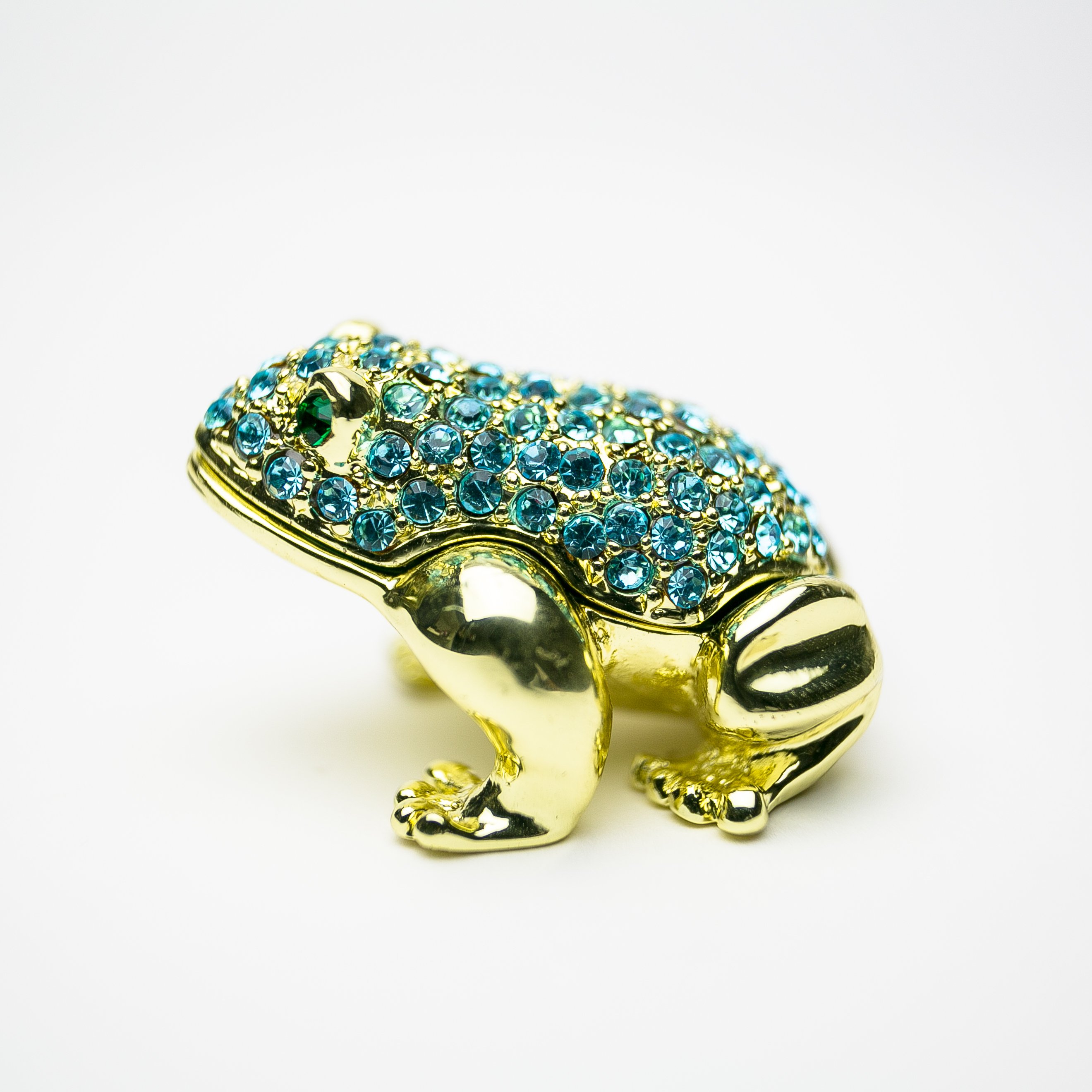 Gold frog trinket box adorned with blue Austrian crystals, showcasing intricate craftsmanship and luxurious 24K gold plating.