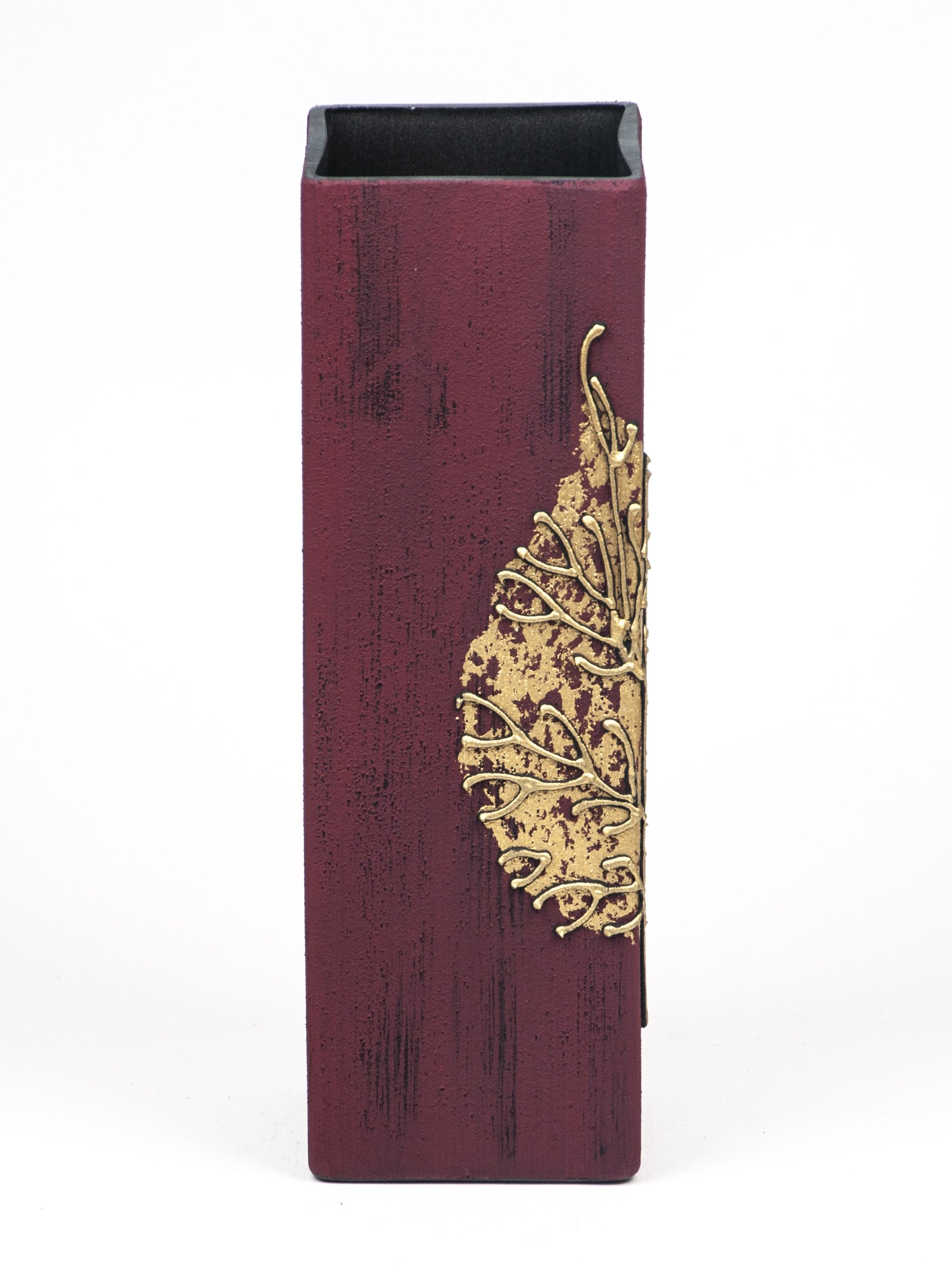 Gold Leaf Glass Square Vase, hand-painted with intricate designs, perfect for floral arrangements.