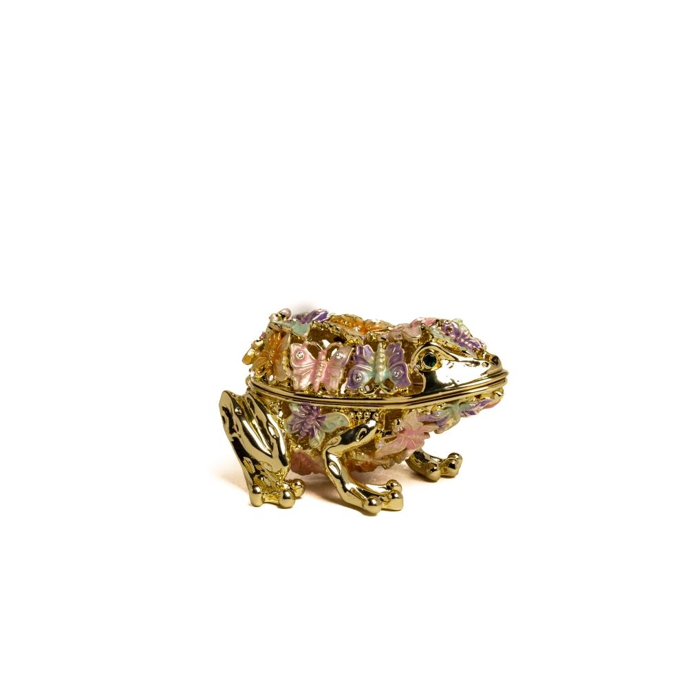 Golden frog trinket box adorned with colorful butterflies and sparkling Austrian crystals, showcasing intricate enamel painting.
