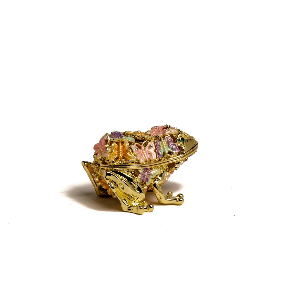 Golden frog trinket box adorned with colorful butterflies and sparkling Austrian crystals, showcasing intricate enamel painting.