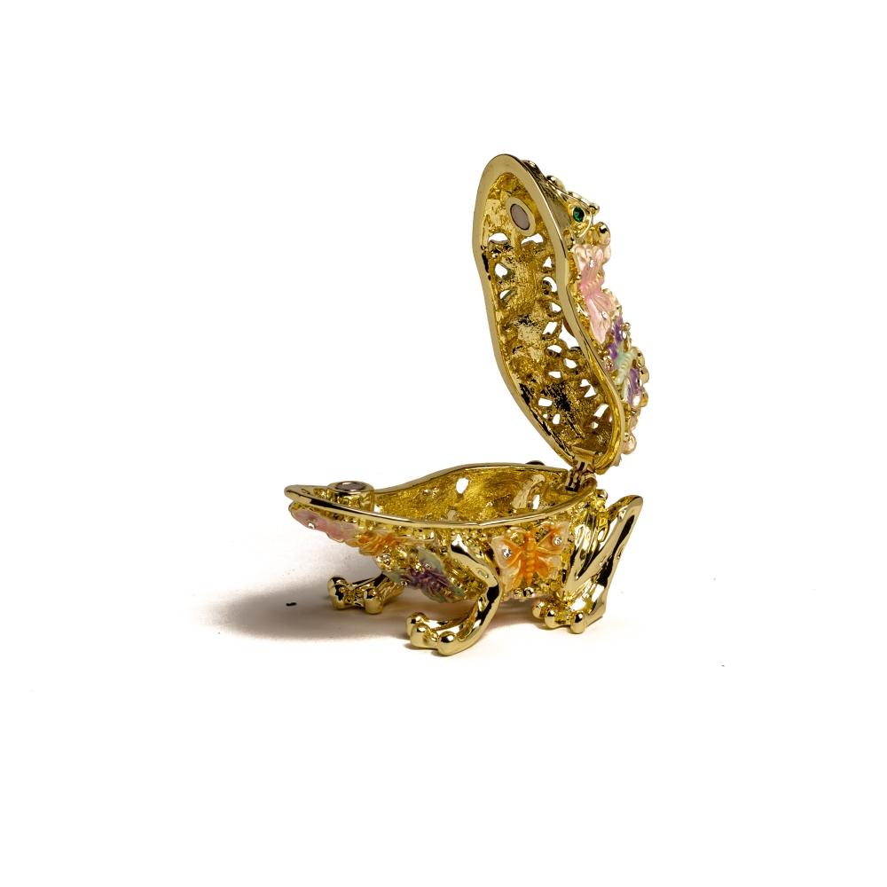 Golden frog trinket box adorned with colorful butterflies and sparkling Austrian crystals, showcasing intricate enamel painting.