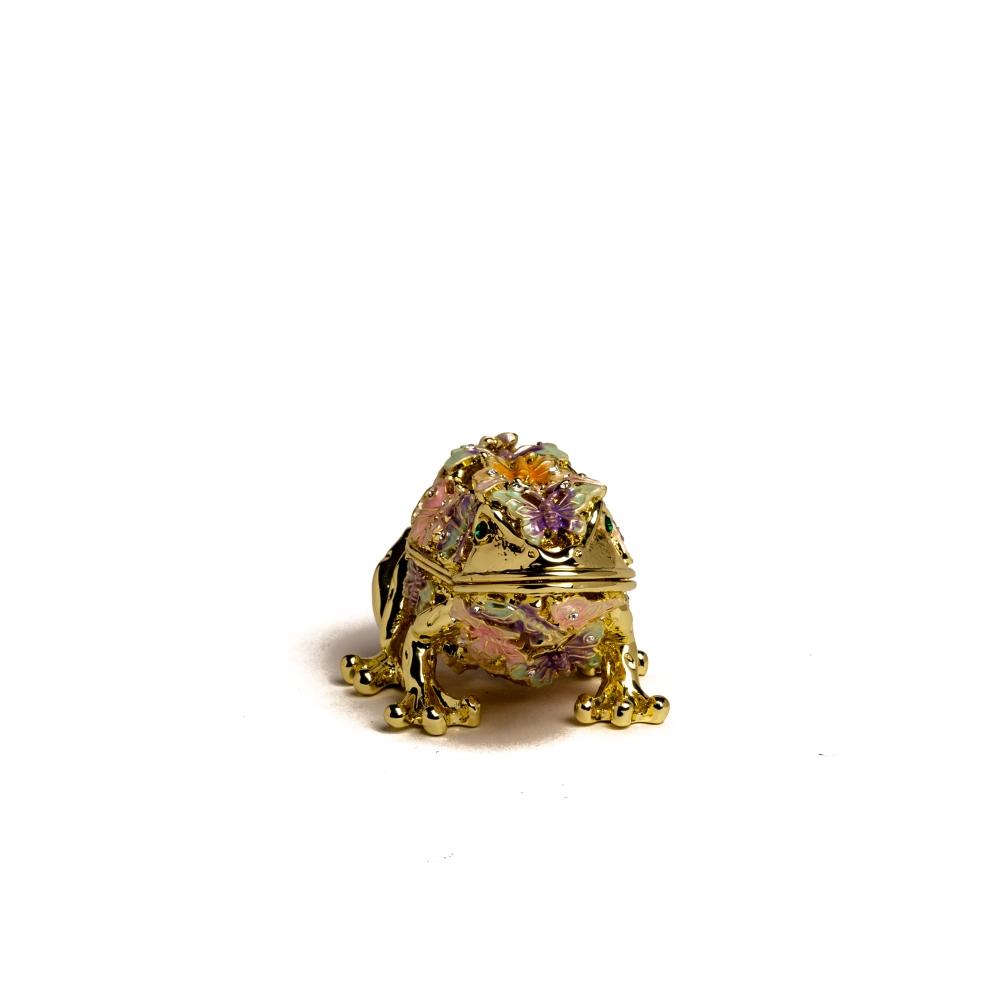 Golden frog trinket box adorned with colorful butterflies and sparkling Austrian crystals, showcasing intricate enamel painting.