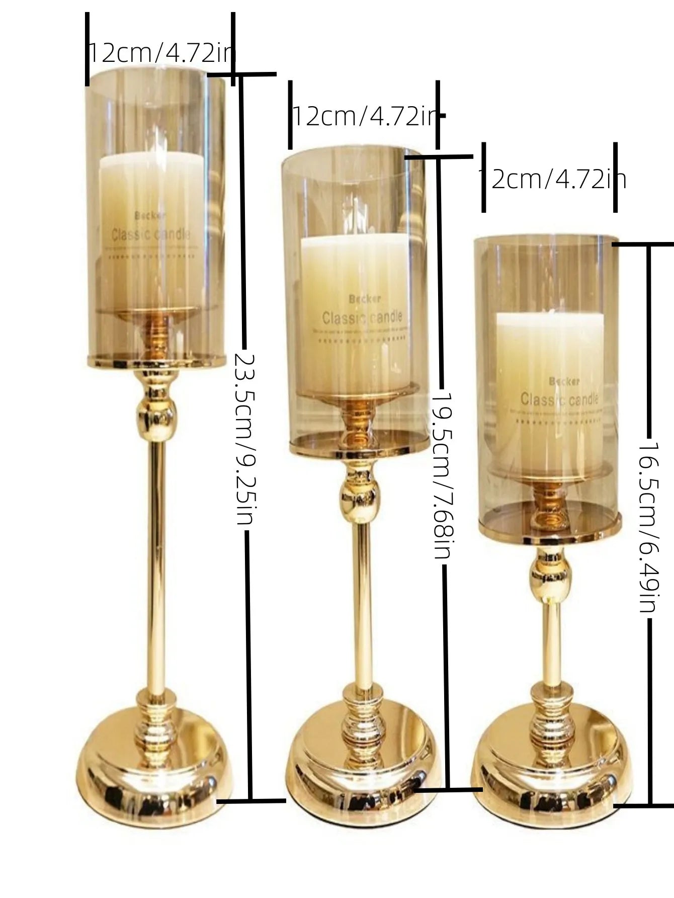 Elegant golden glass candle holders designed for pillar candles, showcasing a luxurious finish and reflective surface.