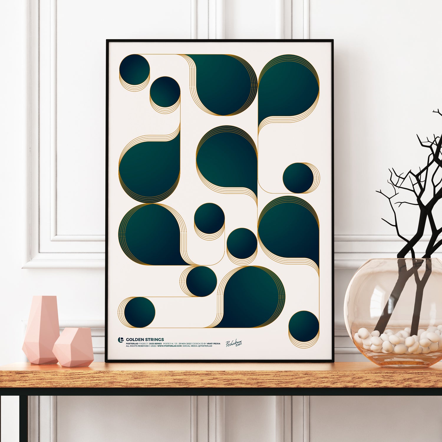 Golden Strings poster featuring vibrant colors and a unique noise texture design on thick matte paper, perfect for home or office decor.