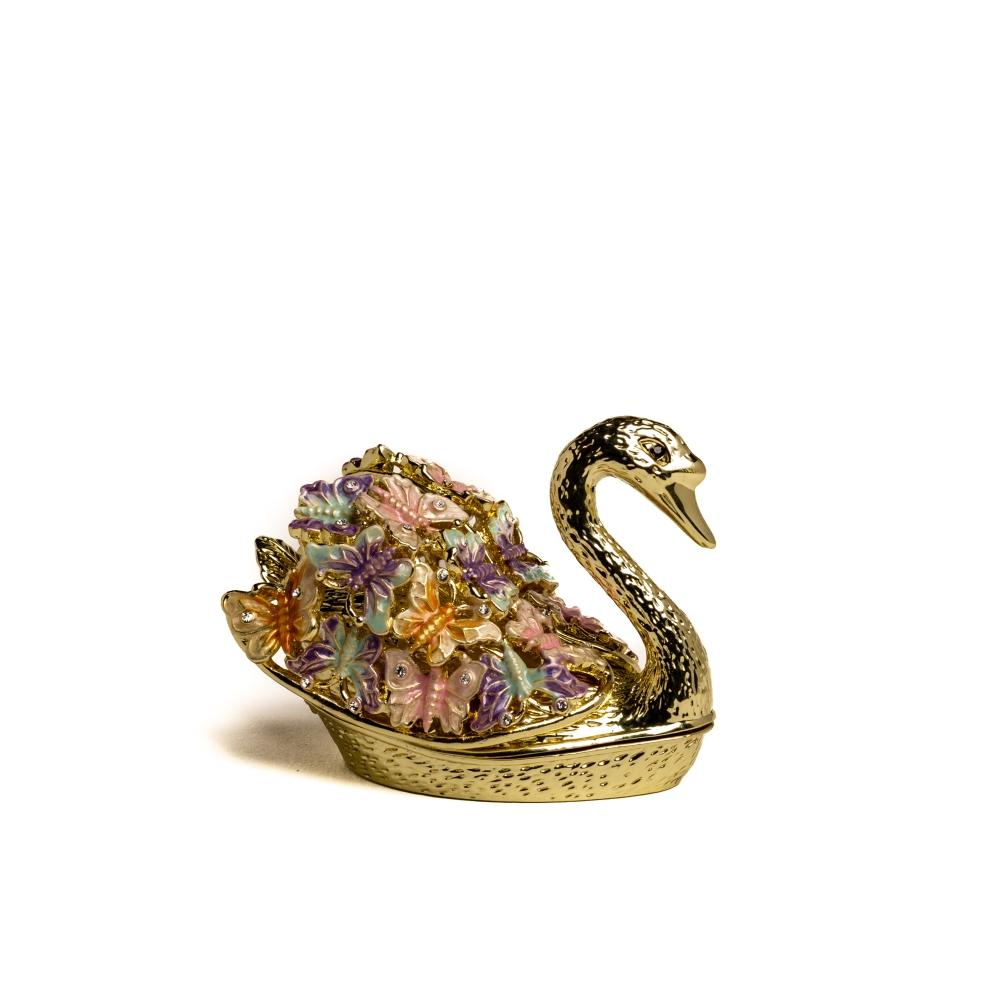 Golden Swan trinket box decorated with butterflies and Austrian crystals, showcasing intricate enamel painting and luxurious gold or silver plating.