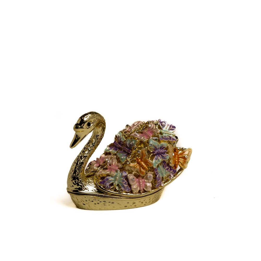 Golden Swan trinket box decorated with butterflies and Austrian crystals, showcasing intricate enamel painting and luxurious gold or silver plating.