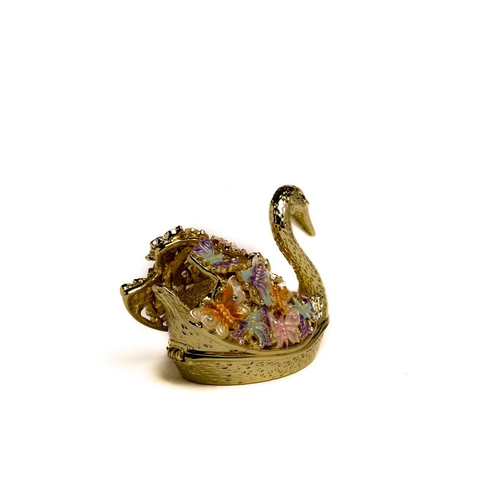 Golden Swan trinket box decorated with butterflies and Austrian crystals, showcasing intricate enamel painting and luxurious gold or silver plating.