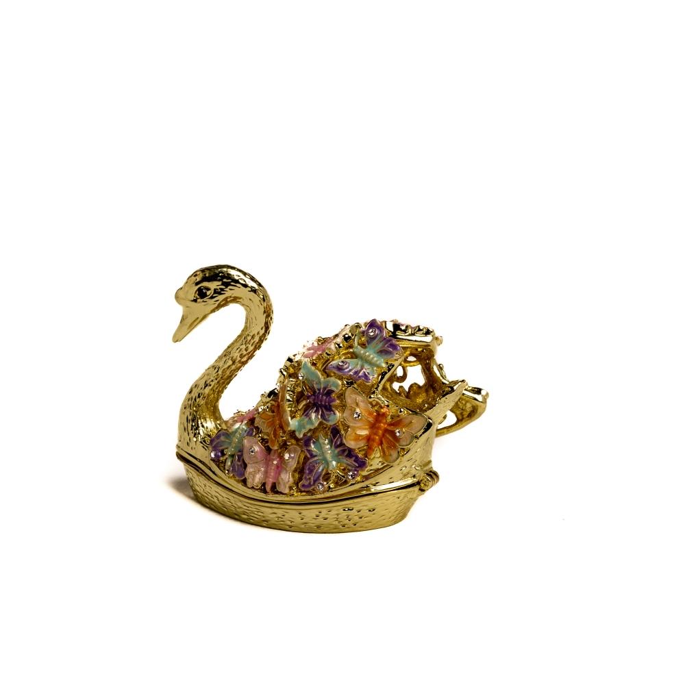 Golden Swan trinket box decorated with butterflies and Austrian crystals, showcasing intricate enamel painting and luxurious gold or silver plating.