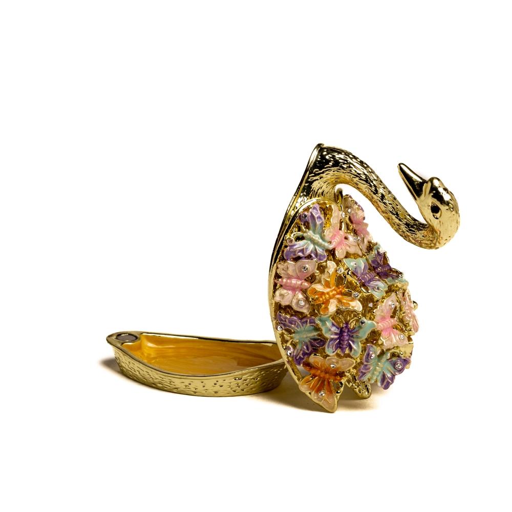 Golden Swan trinket box decorated with butterflies and Austrian crystals, showcasing intricate enamel painting and luxurious gold or silver plating.